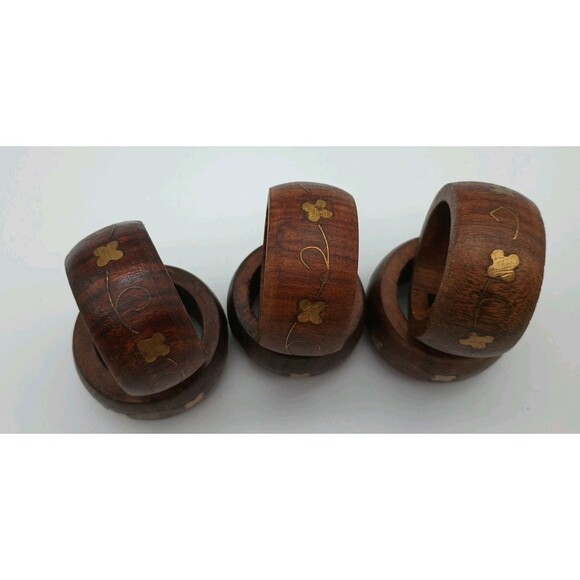 Wooden Napkin Rings Goldtone Inlay Napkin Holder SET OF 6 Handcrafted India - Picture 2 of 5